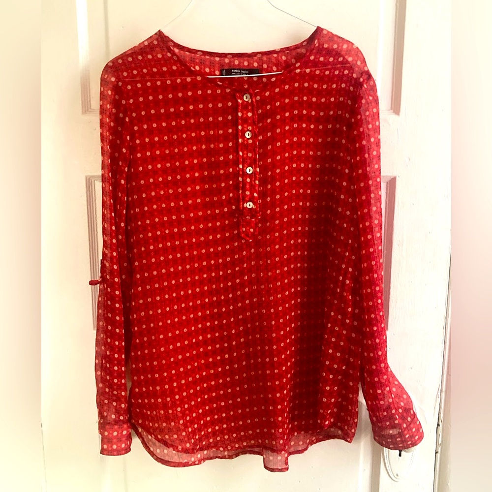 Mango Scarlet Red Button-Up Sheer Blouse